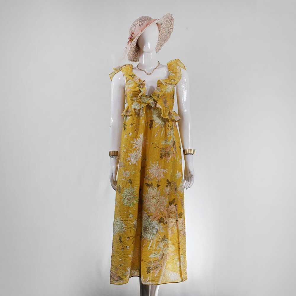 Boho Chic Mustard Floral Dress with Ruffle Detail